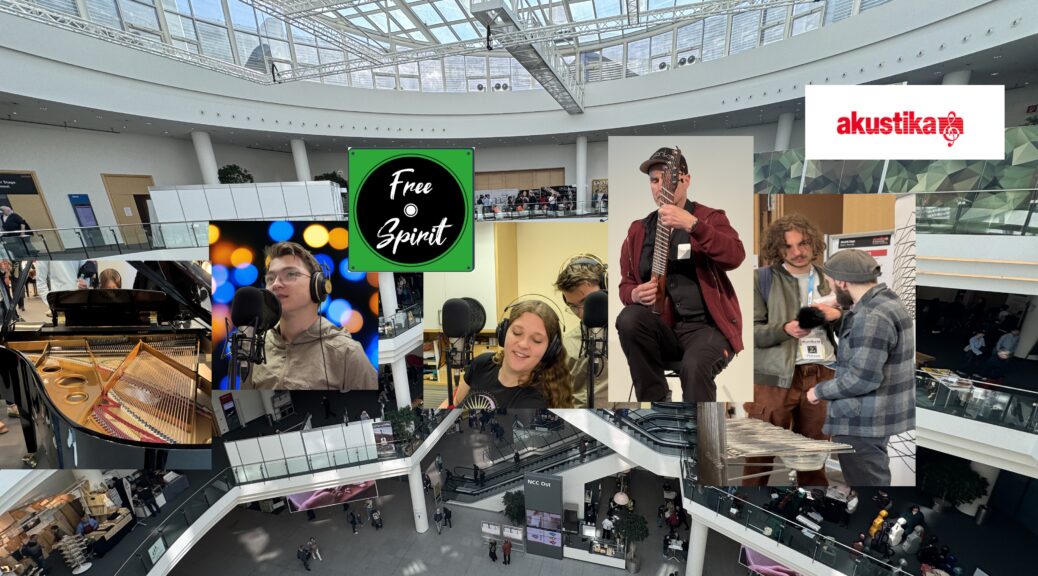 collage aus bildern der akustika. menschen mit instrumenten, intrumente, mikrofone und zwei logos